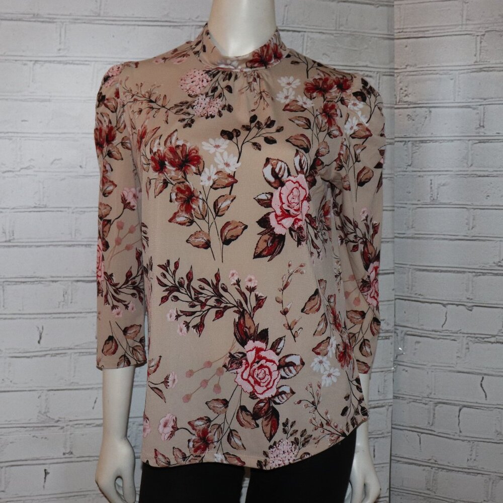 🌼🤎 Ophelia Roe Blouse · Tan + Pink Floral · Size S